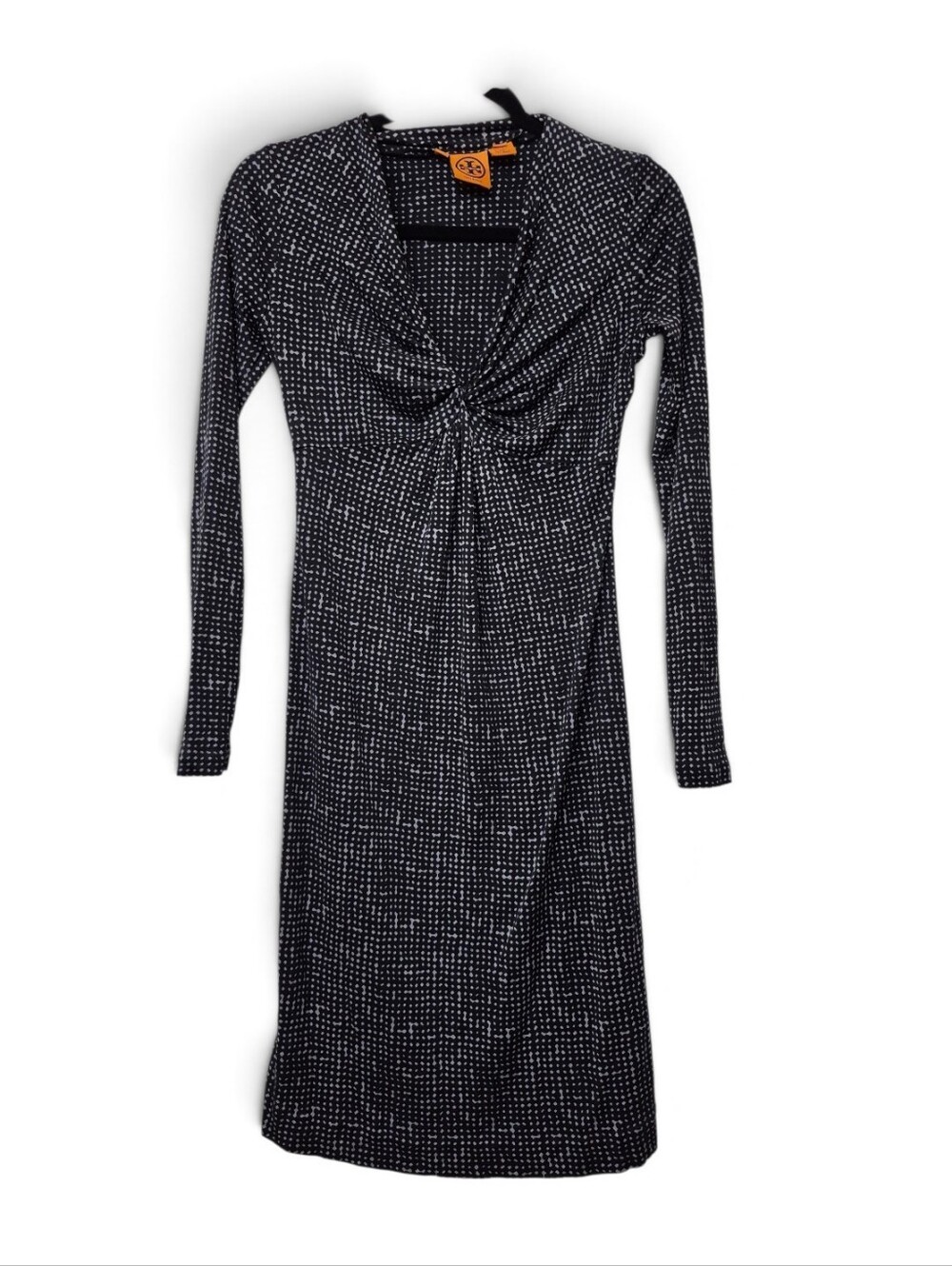 Tory Burch 100% Silk Twist-Front Black and Gray Midi Dress XS